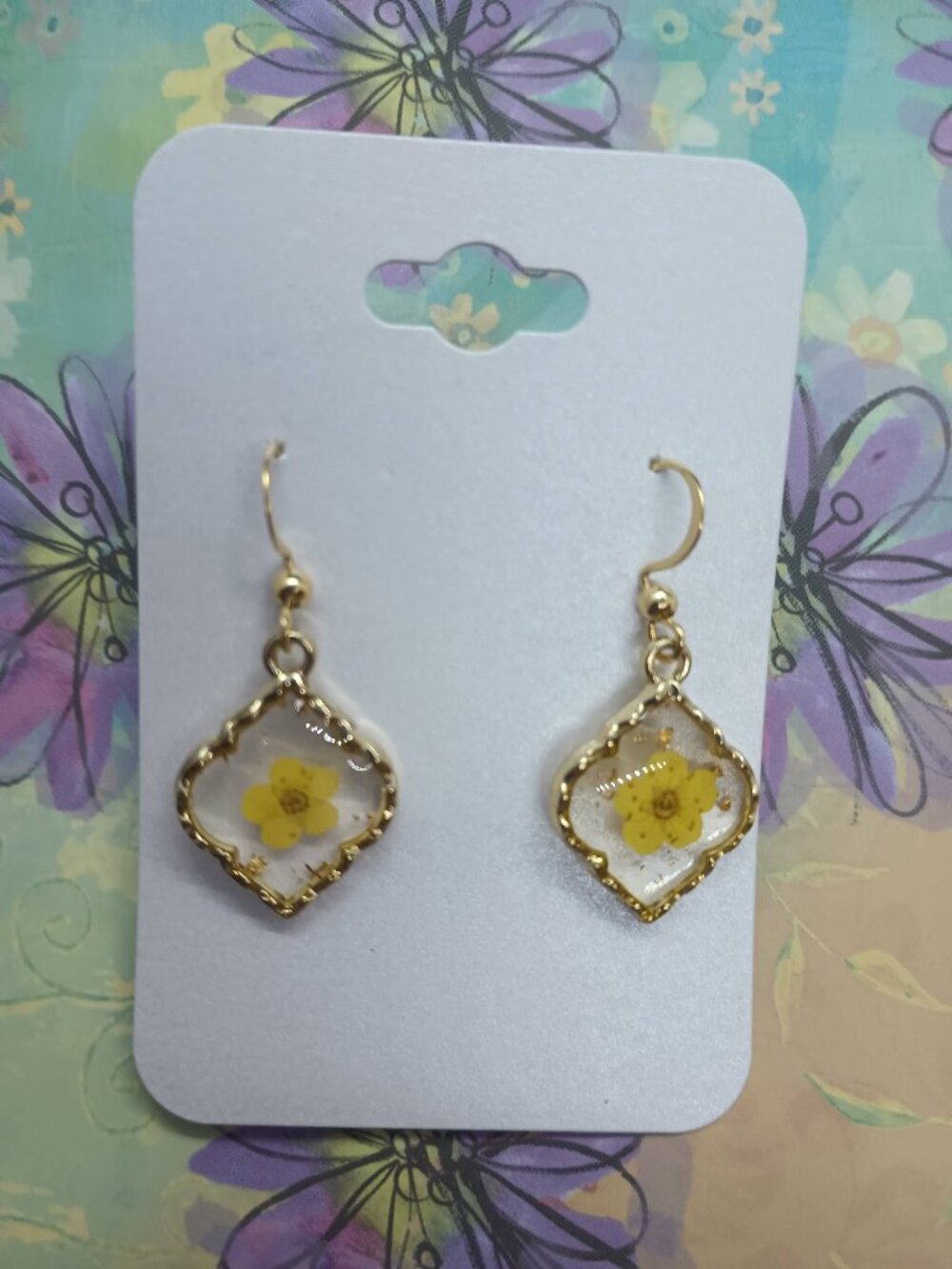 Tiny Yellow Dried Flower Earrings in Resin with Gold Trim on Gold Plated Wires
